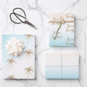 Hoja De Papel De Regalo Aqua Peach Gold Tropical Palm Tree