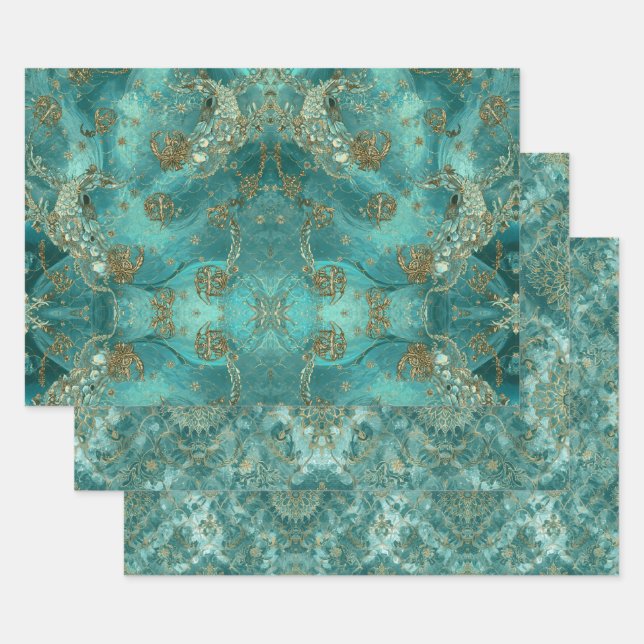 Hoja De Papel De Regalo Aqua Pearlescent & Gold Mermaid Scale Pattern  (Set)