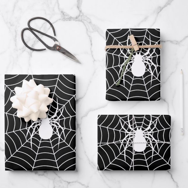 Hoja De Papel De Regalo Araña blanca y negra en el patrón de Halloween (Anverso)