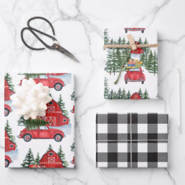 Hoja De Papel De Regalo Árbol de granero rojo vintage de coches de vacacio