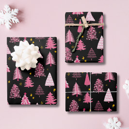 Hoja De Papel De Regalo Árbol de histmas Woodland Pink Black