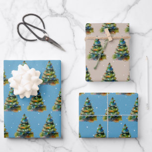 Hoja De Papel De Regalo Árbol de navidad acuarela Dibujo azul