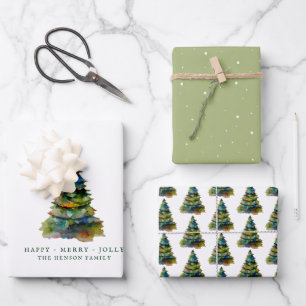 Hoja De Papel De Regalo Árbol de navidad artístico acuarela merry jolly
