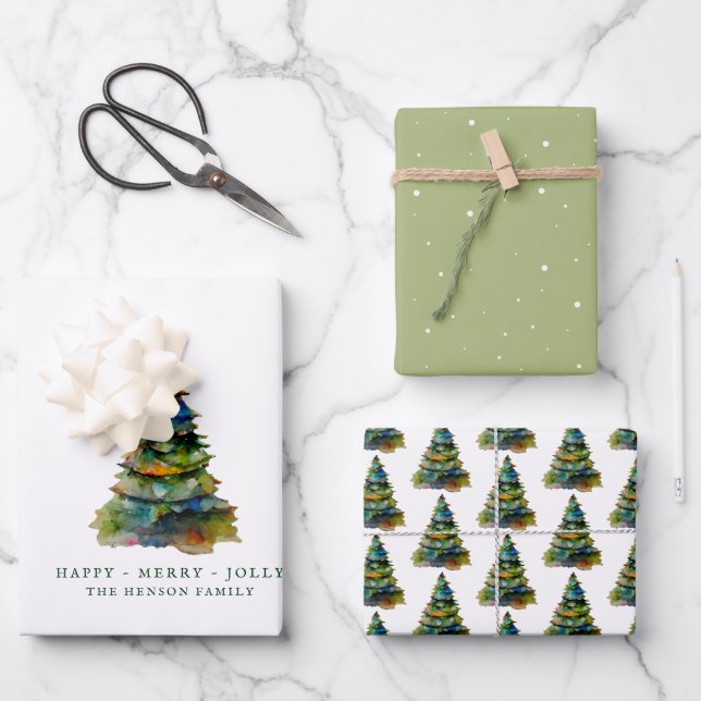 Hoja De Papel De Regalo Árbol de navidad artístico acuarela merry jolly (Anverso)