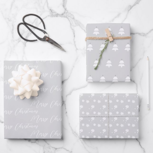 Hoja De Papel De Regalo Árbol de Navidad blanco plateado y moderno (Anverso)