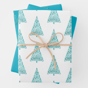 Hoja De Papel De Regalo Árbol de Navidad de espuma azul de Aqua blanco