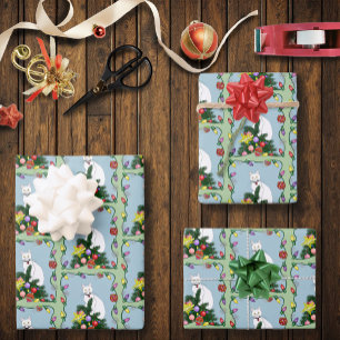 Hoja De Papel De Regalo Árbol de Navidad Divertido y Festivo Gato Blanco D
