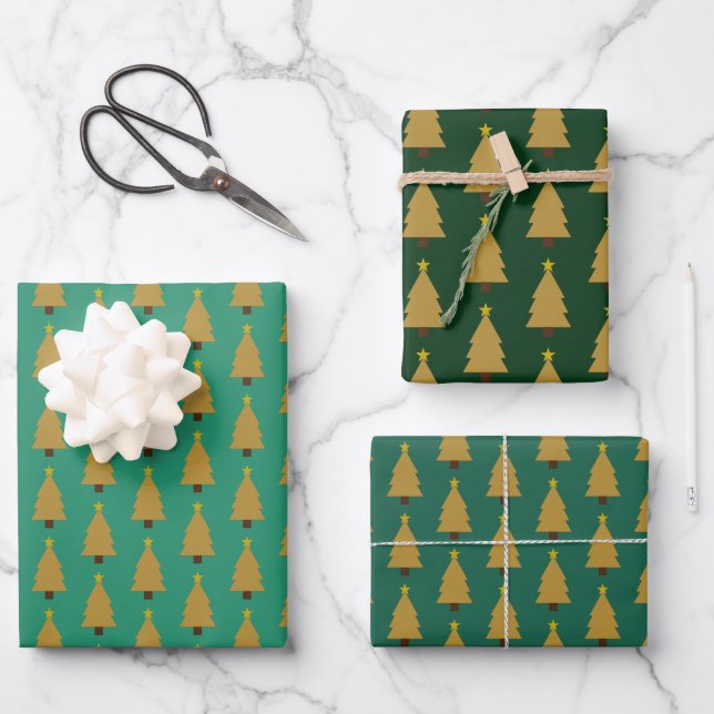 Hoja De Papel De Regalo Árbol de Navidad dorado y estrella en verde (Anverso)