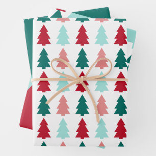 Hoja De Papel De Regalo Árbol de Navidad moderno, Verde azulado, Aqua, Roj