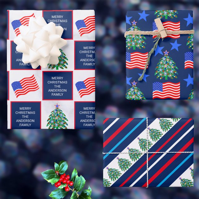 Hoja De Papel De Regalo Árbol De Navidad Patriótico Para El Acompañamiento (Wrap your gifts in patriotic holiday gift wrap for Christmas - it's easy to personalize)