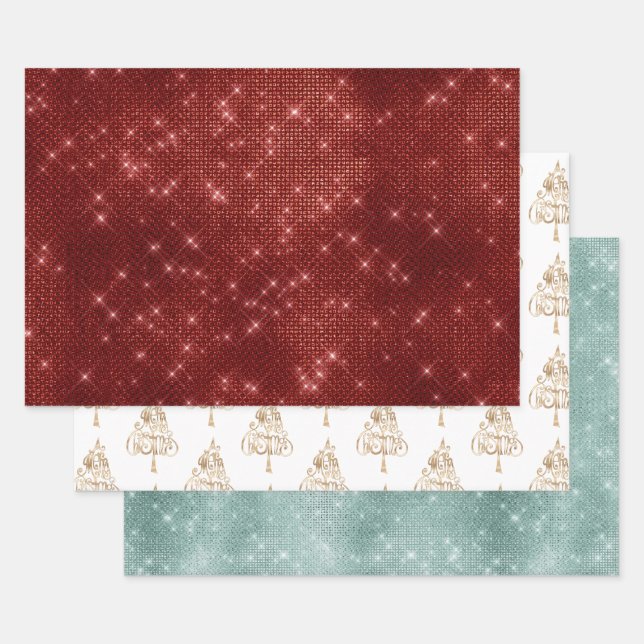 Hoja De Papel De Regalo Árbol de navidad Red Sparkle (Set)