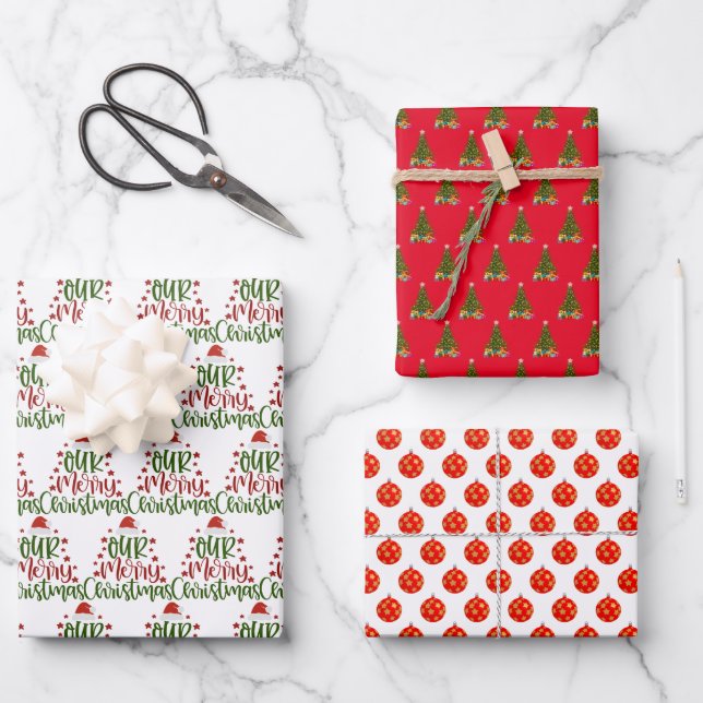 Hoja De Papel De Regalo Árbol de Navidad rojo y verde (Anverso)