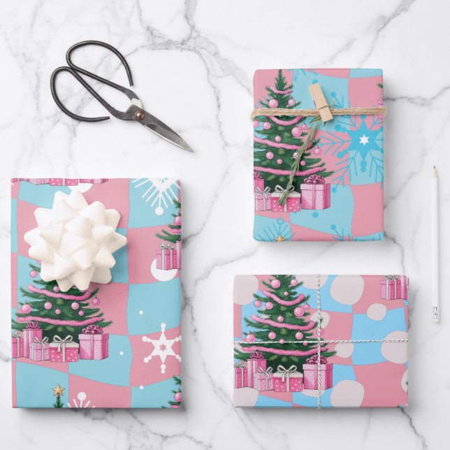 Hoja De Papel De Regalo Árbol de navidad rosado (Anverso)