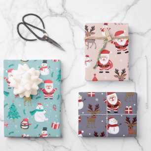 Hoja De Papel De Regalo Árbol de Navidad Santa Claus Reindeer Snowman Blue