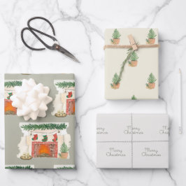 Hoja De Papel De Regalo Árbol de pino navideño y chimenea acogedora