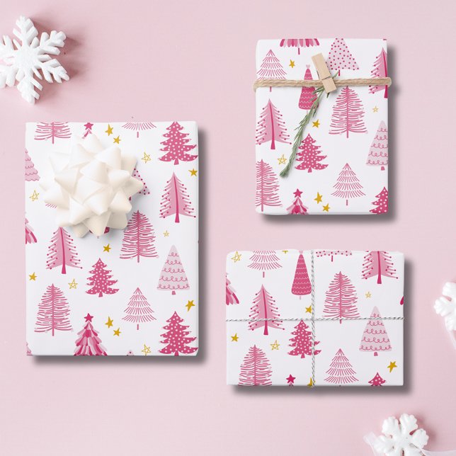 Hoja De Papel De Regalo Árbol de vacaciones de Navidades rosados (Christmas Holiday Pink Christmas tree pattern wrapping paper, winter woodland forest.)