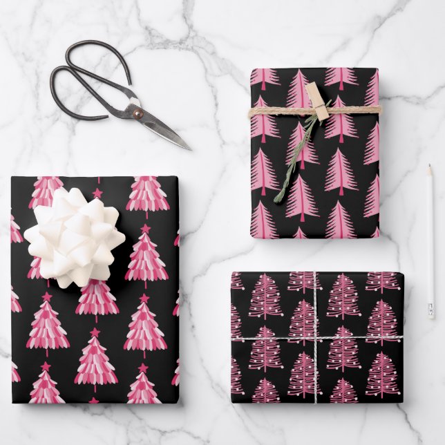 Hoja De Papel De Regalo Árbol festivo de Navidades rosados modernos (Anverso)
