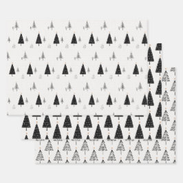 Hoja De Papel De Regalo Árbol Minimalista moderno de Navidad negro y blanc