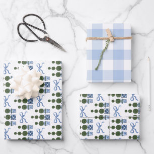 Hoja De Papel De Regalo Árbol topiario de chinoiserie con lazo azul y ging