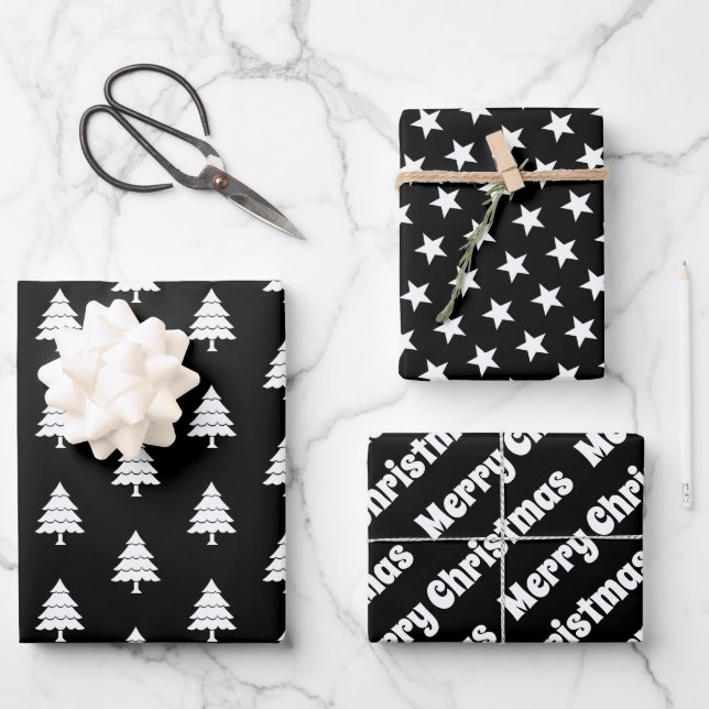 Hoja De Papel De Regalo Árboles blancos negros, estrellas Feliz Navidad (Anverso)