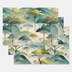 Hoja De Papel De Regalo Árboles con temática de acuarela verde y paisaje d