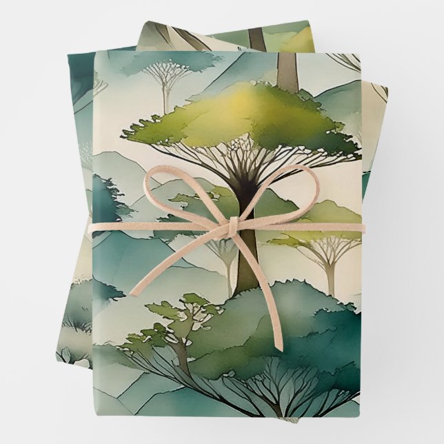 Hoja De Papel De Regalo Árboles con temática de acuarela verde y paisaje d (In situ)
