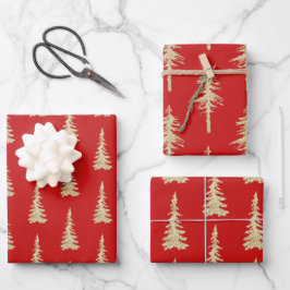 Hoja De Papel De Regalo Árboles De Bosque De Oro En Rojo De Vacaciones