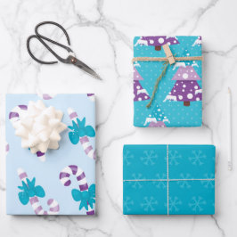 HOJA DE PAPEL DE REGALO ÁRBOLES DE FESTIVIDAD AZULES Y PÚRPILES