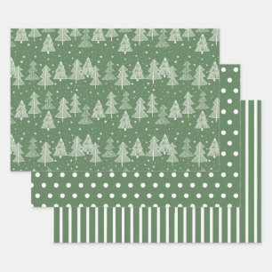 Hoja De Papel De Regalo Árboles de Navidad Blancos Lunares Raya Verde