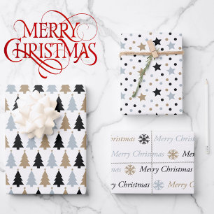 Hoja De Papel De Regalo Árboles de Navidad blancos negros Estrellas 3 coor