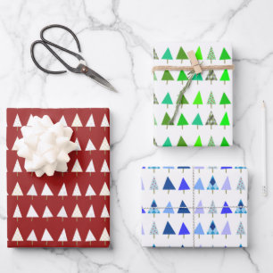 Hoja De Papel De Regalo Árboles de Navidad blancos, verdes y azules