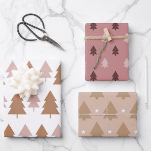 Hoja De Papel De Regalo Árboles de Navidad Boho Rosa Marrón Blanco Fiesta