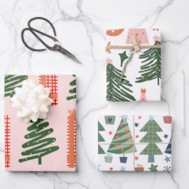Hoja De Papel De Regalo Árboles de Navidad Boho Rosa Verde Azul Fiesta