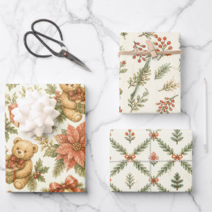 Hoja De Papel De Regalo Árboles de Navidad con Cintas y Estampado de Cuadr