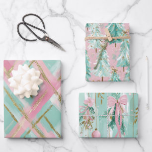 Hoja De Papel De Regalo Árboles de Navidad con lazos rosa glitter dorado P
