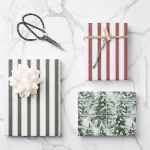 Hoja De Papel De Regalo Árboles de Navidad con Rayas Rojos Blancos Oliva V