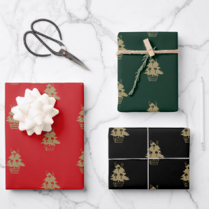 Hoja De Papel De Regalo Árboles de navidad dorados negros verde oscuro y r