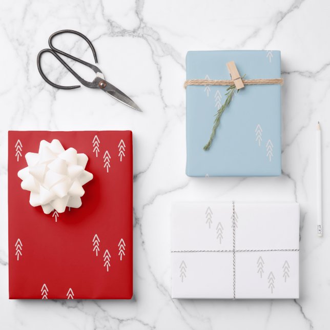 Hoja De Papel De Regalo Árboles de Navidad en azul rojo y blanco (Anverso)
