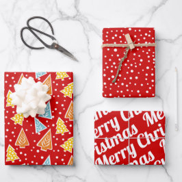 Hoja De Papel De Regalo Árboles de Navidad "Feliz Navidad" nieve rojo