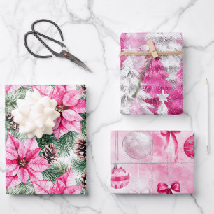 Hoja De Papel De Regalo Árboles de Navidad Flores Adornos Glam Plata Rosa