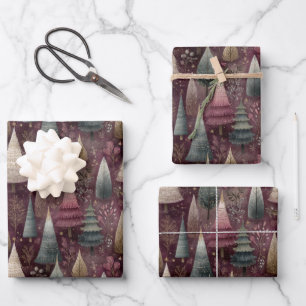 Hoja De Papel De Regalo Árboles de Navidad mágicos del bosque de Borgoña