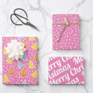 Hoja De Papel De Regalo Árboles de Navidad nevada "Feliz Navidad" rosa