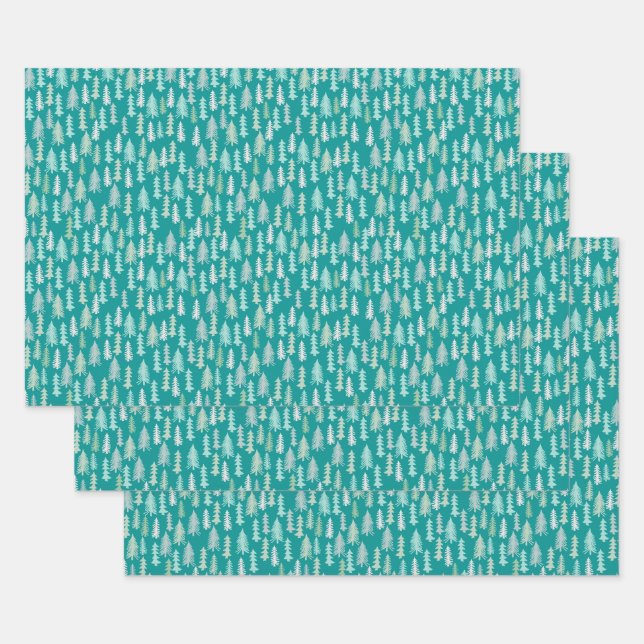 Hoja De Papel De Regalo Árboles de Navidad pintados a mano Aqua Azul Blanc (Set)