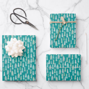 Hoja De Papel De Regalo Árboles de Navidad pintados Aqua Azul Blanco Verde