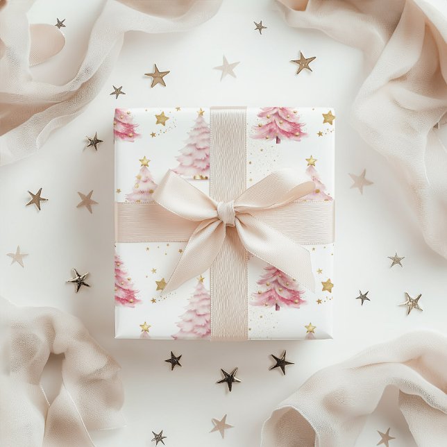Hoja De Papel De Regalo Árboles de Navidad rosados (Pink Christmas Trees Wrapping Paper)