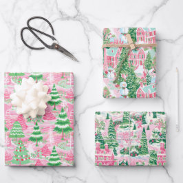 Hoja De Papel De Regalo Árboles de Navidad rosas y verdes