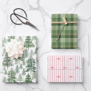 Hoja De Papel De Regalo Árboles de Navidad Rústicos con Lazos de Cuadros y