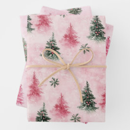 Hoja De Papel De Regalo Árboles de Navidad verdes rosados