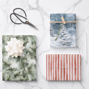 Hoja De Papel De Regalo Árboles de Navidad verdes y azules con rayas rojas