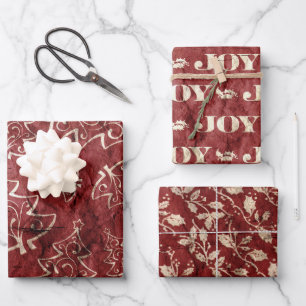 Hoja De Papel De Regalo Árboles de Navidad Vintage Red Gold Joy Leaves